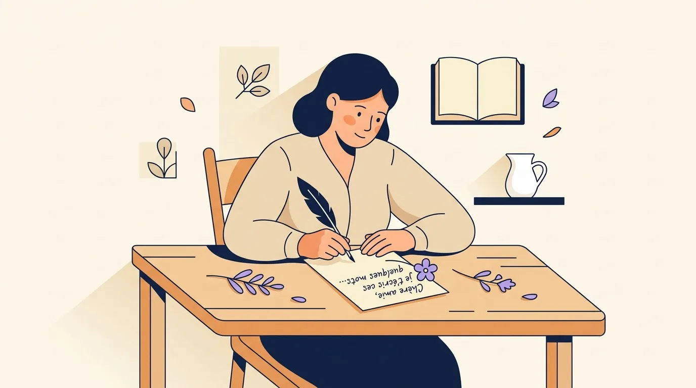 Femme assise &eacute;crit avec une plume &agrave; son bureau