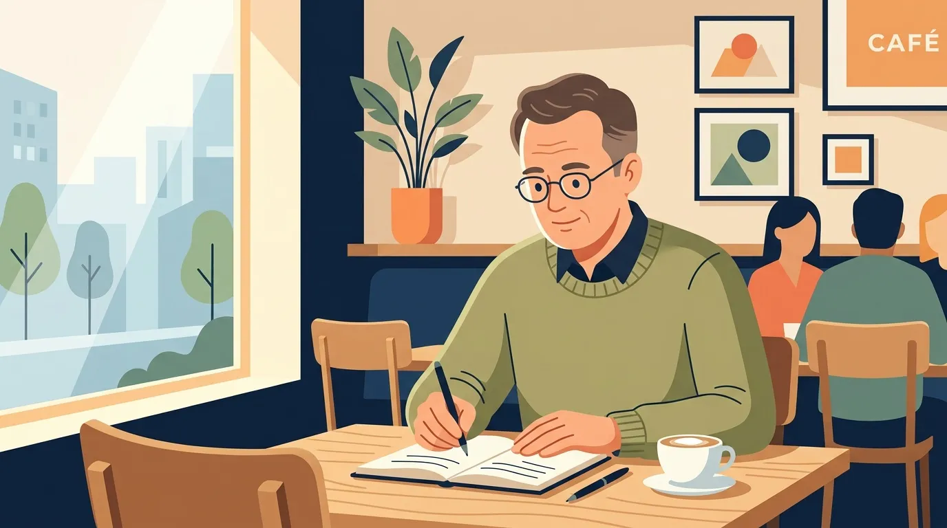Homme avec lunettes &eacute;crivant dans un carnet au caf&eacute; avec vue sur la ville