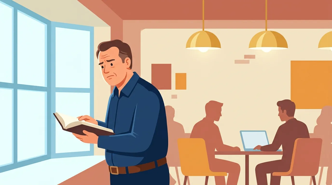 Homme en chemise bleue tenant un livre, regard inquiet, coll&egrave;gues travaillant en arri&egrave;re-plan