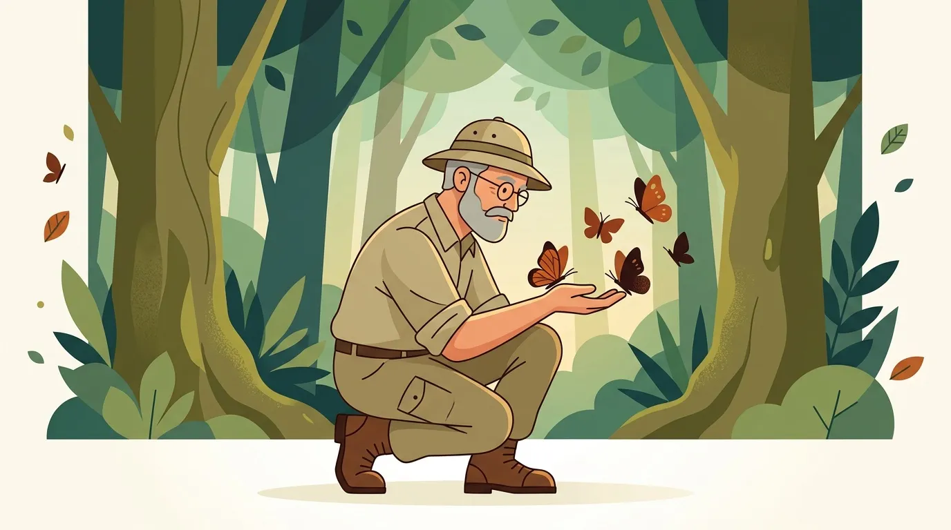 Homme scientifique avec papillons dans la forêt verte