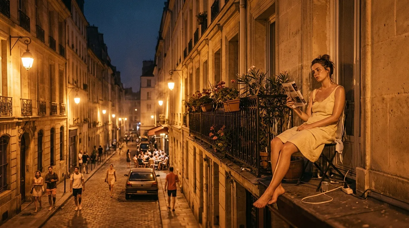 Femme assise sur un balcon parisien observant la rue illumin&eacute;e