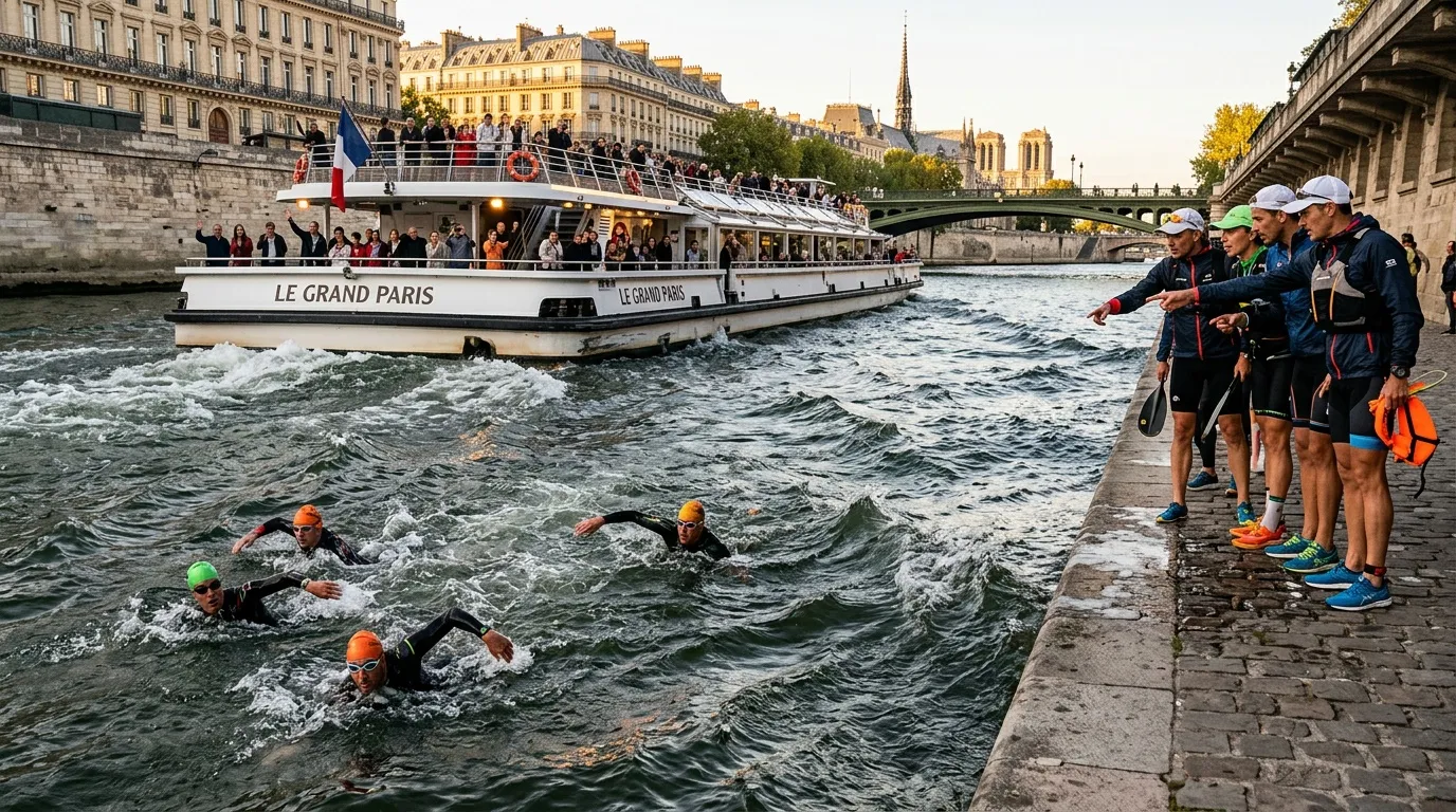 Nageurs en wetsuit traversent la Seine sous le pont, bateau touristique en arrière-plan