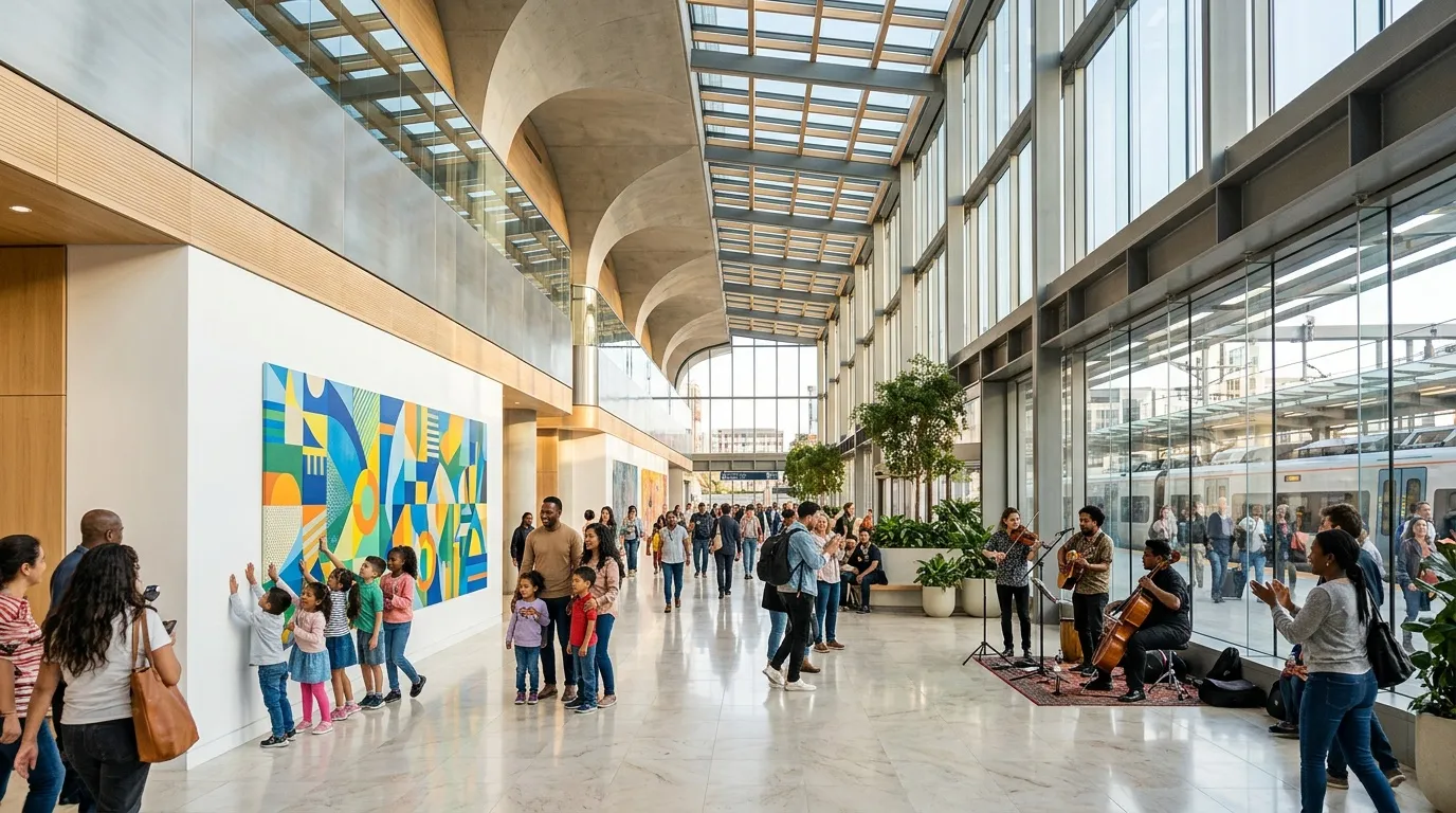 Galerie contemporaine avec visiteurs, art mural et musiciens.
