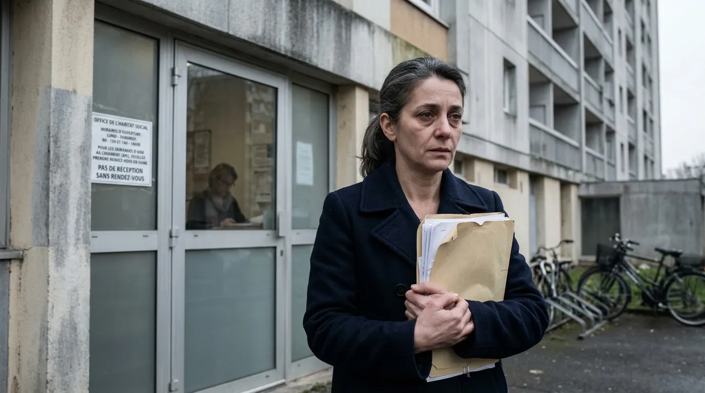 Femme tenant un dossier devant un bâtiment administratif