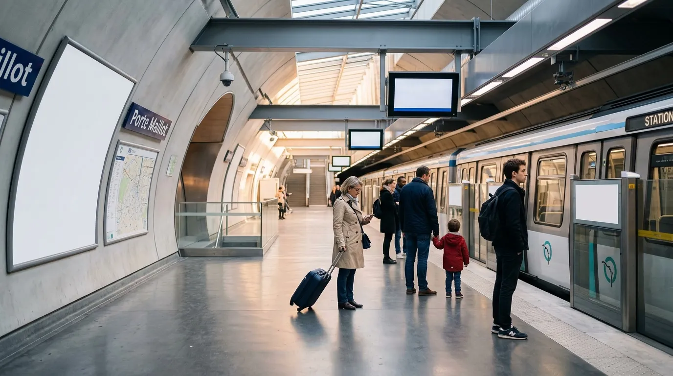 Passagers attendent sur quai métro moderne, train arrêté