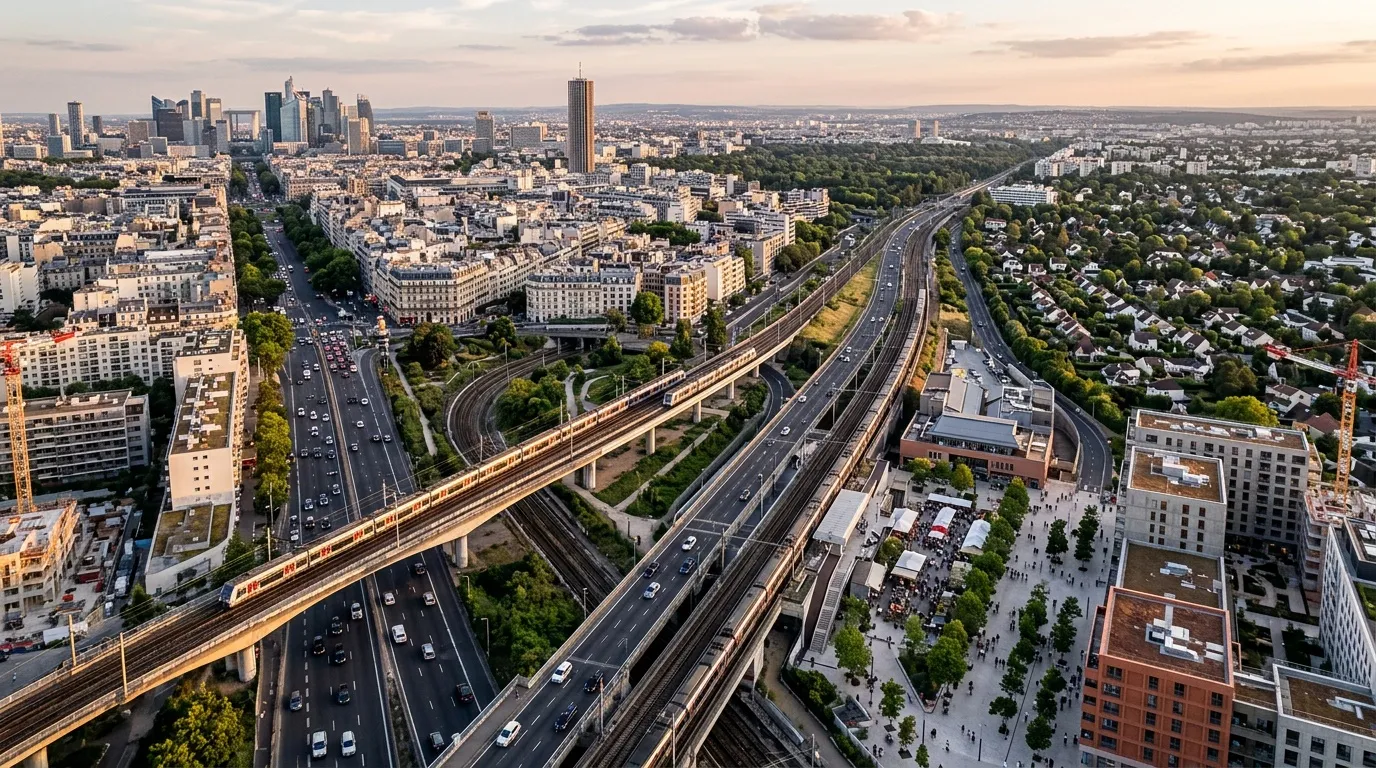 Vue a&eacute;rienne de Francfort avec gratte-ciel, autoroutes et trains
