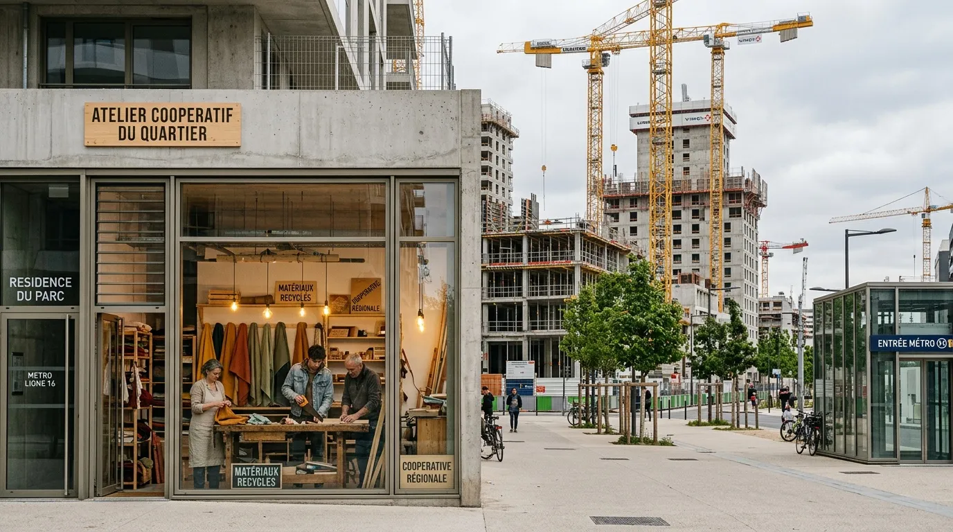 Atelier de recyclage de matériaux dans un quartier en construction