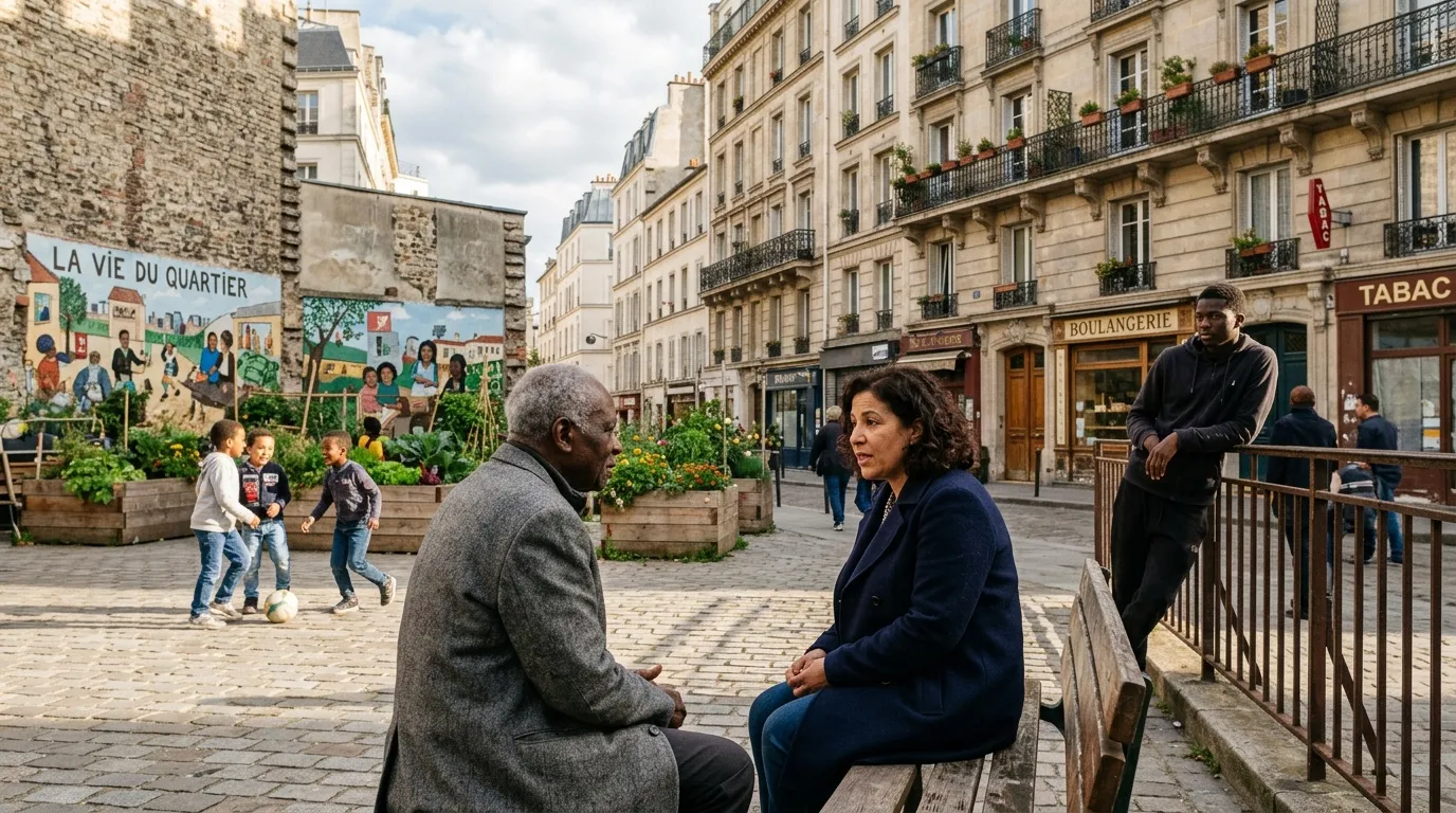 Deux personnes discutent sur un banc dans une rue parisienne anim&eacute;e