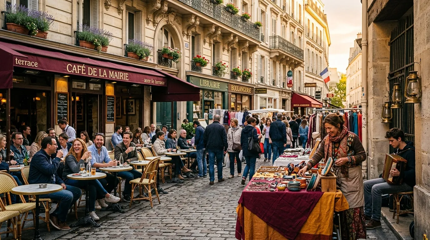 March&eacute; ext&eacute;rieur anim&eacute; dans une rue parisienne avec caf&eacute; et boutiques
