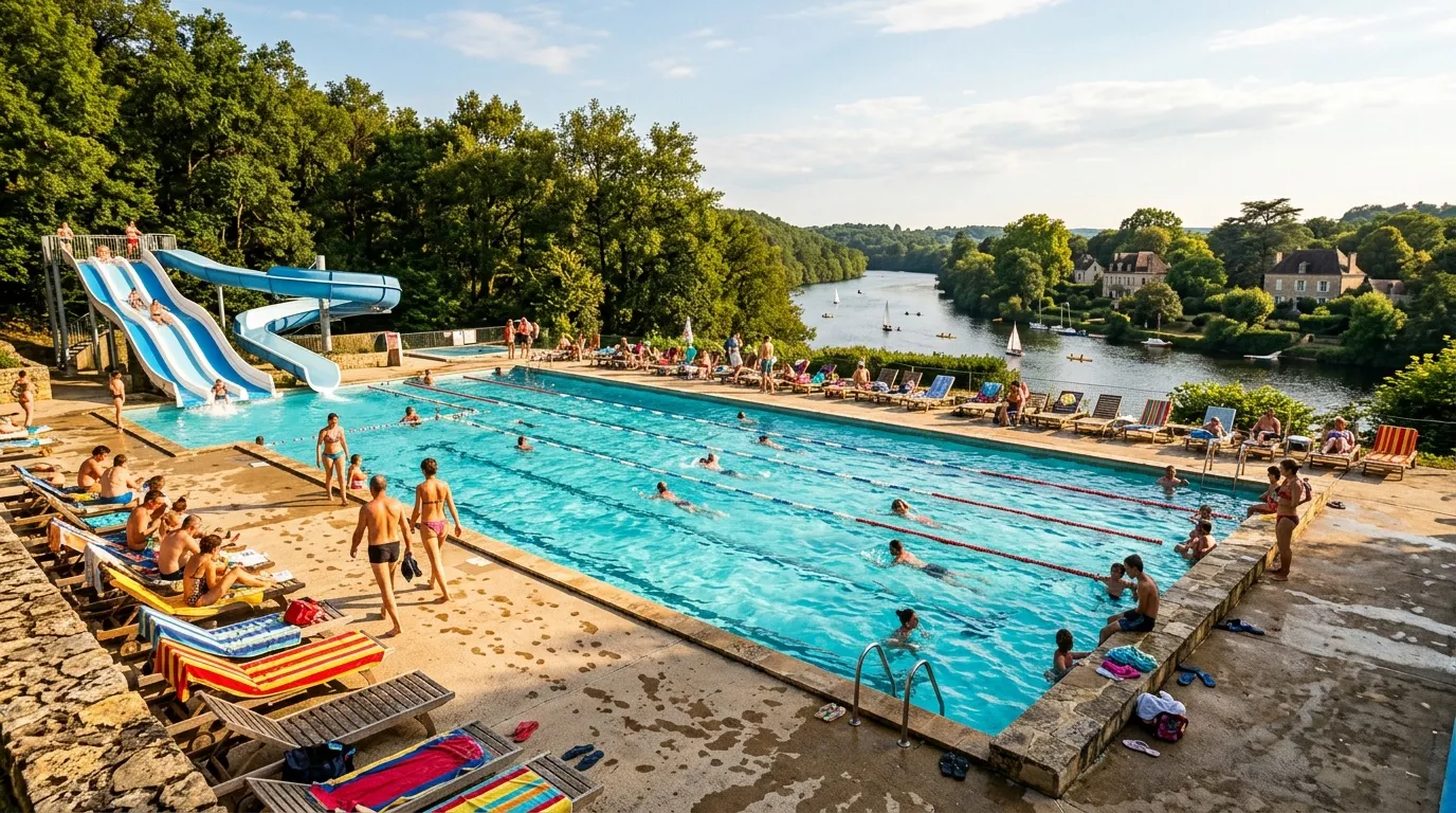 Piscine extérieure bondée avec toboggan, rivière en arrière-plan