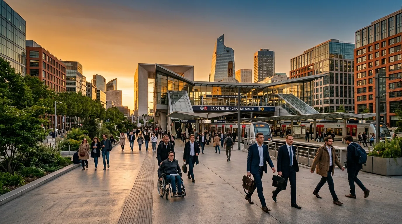 Station de métro La Défense avec foule au coucher de soleil