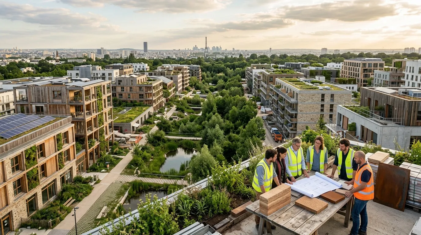 Équipe de construction discutant plans sur toit avec Paris en arrière-plan