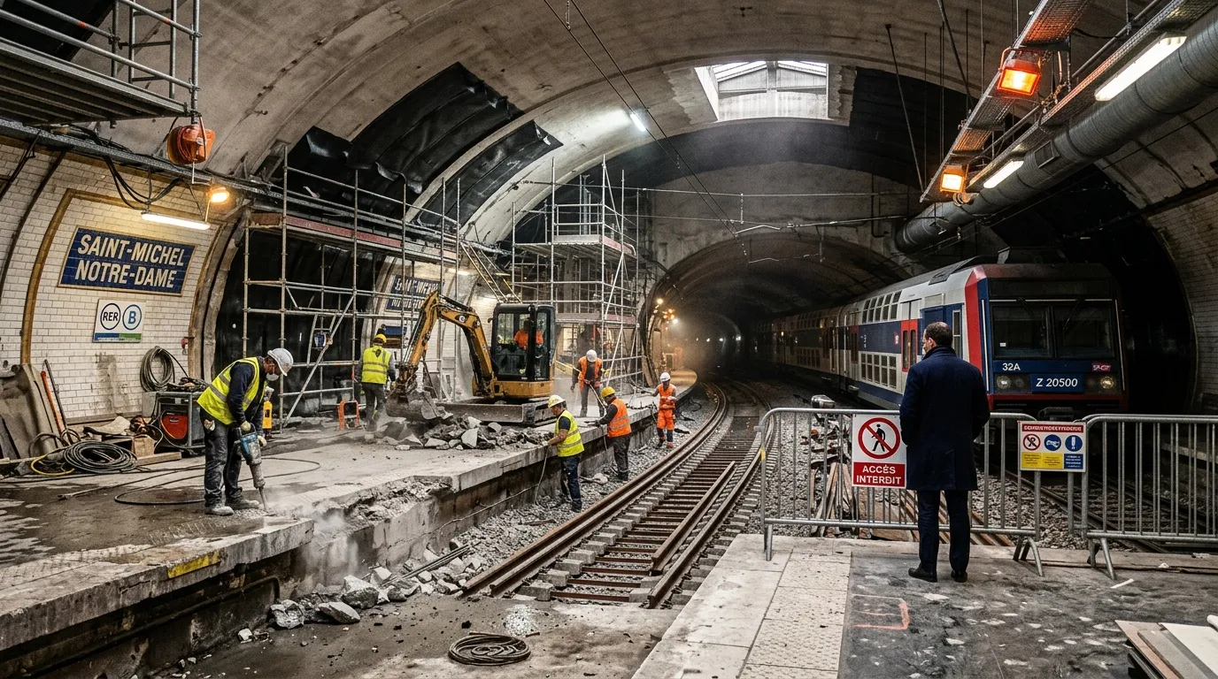Ouvriers en gilets jaunes r&eacute;novent une station de m&eacute;tro parisienne souterraine.
