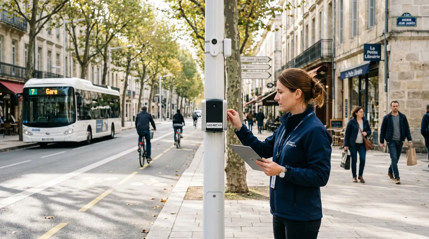 Femme vérifie capteur environnemental rue parisienne
