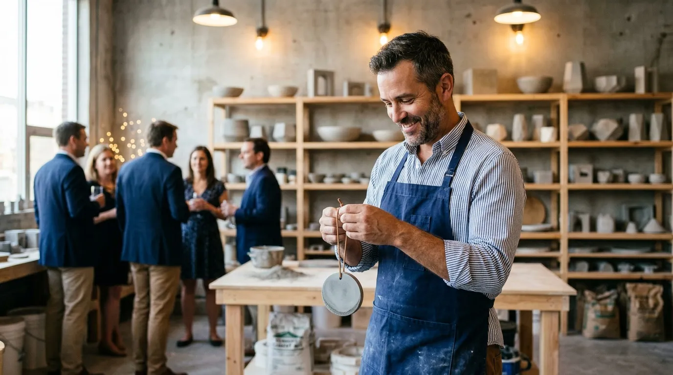 Potier souriant montre un bol devant ses apprentis en atelier