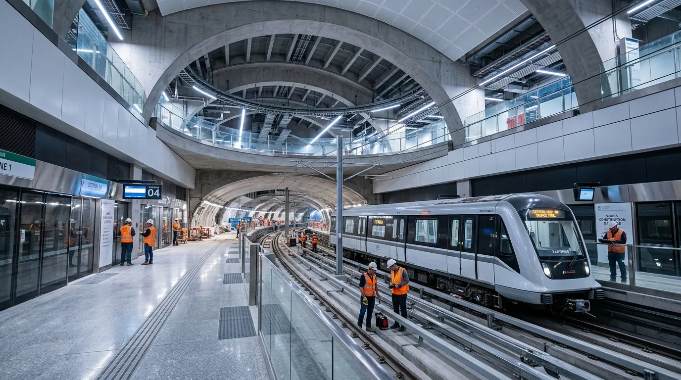 Station de m&eacute;tro futuriste avec train et ouvriers en gilets orange