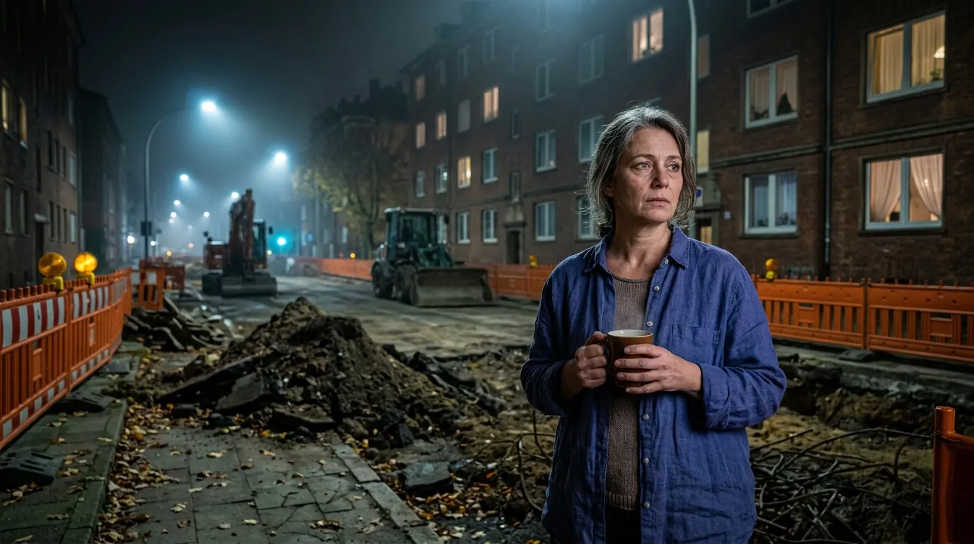 Femme en chemise bleue tenant une tasse dans rue en construction