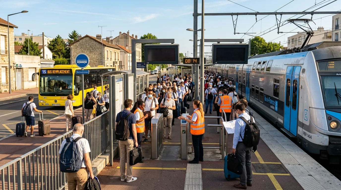 Foule attendant à la gare, train et bus de remplacement visibles