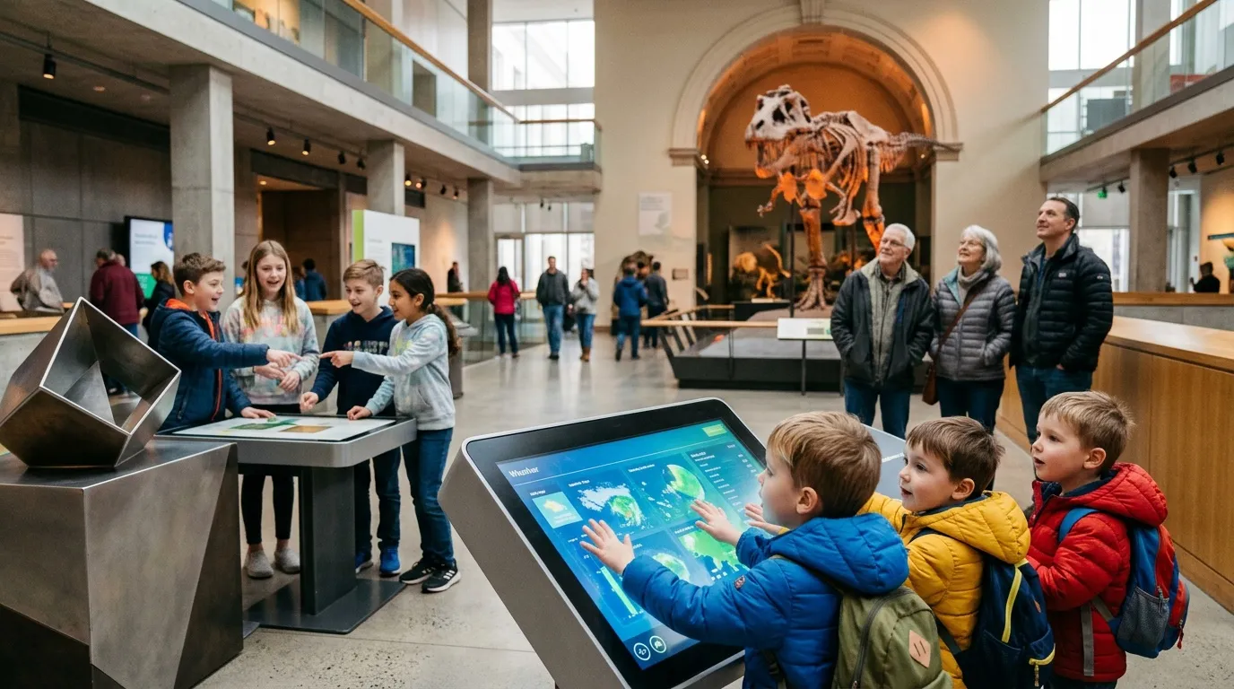 Enfants explorant des expositions interactives dans un mus&eacute;e