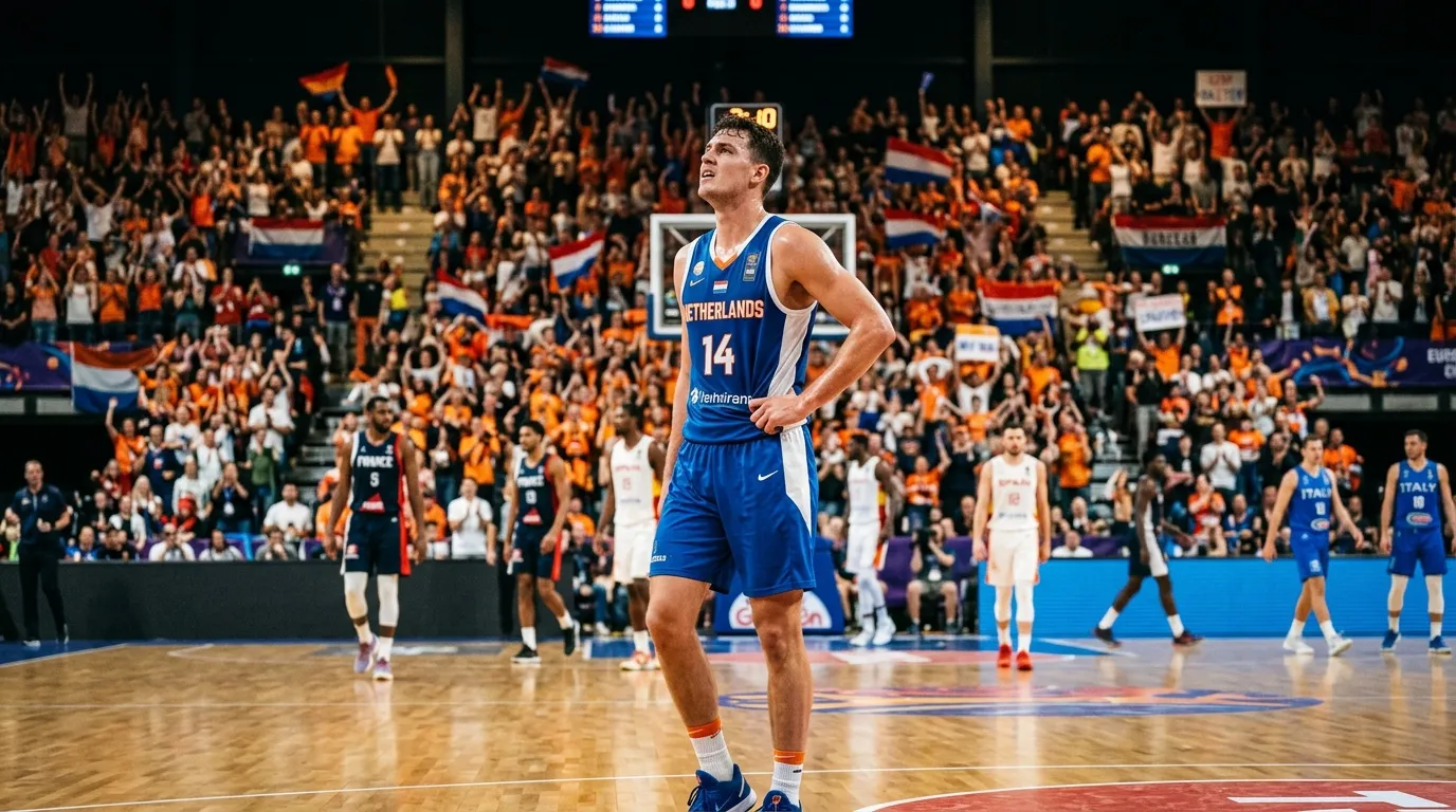 Joueur num&eacute;ro 14 des Pays-Bas au basket, stade rempli supporters