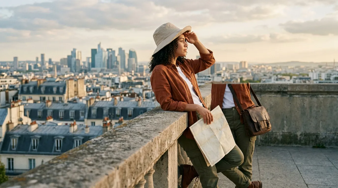 Femme avec carte observant skyline urbain depuis terrasse
