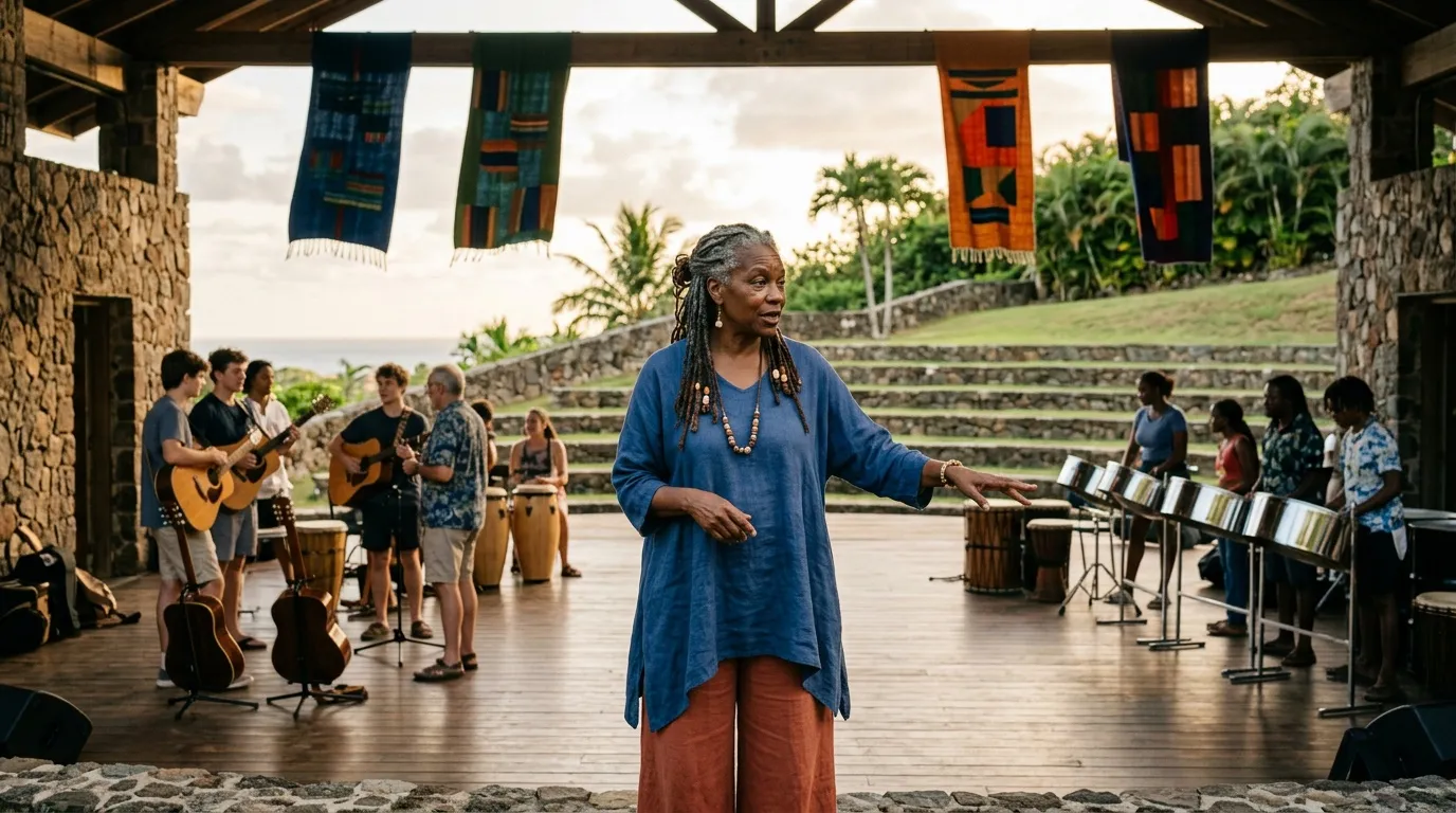 Femme en bleu dirigeant une session musicale communautaire en plein air