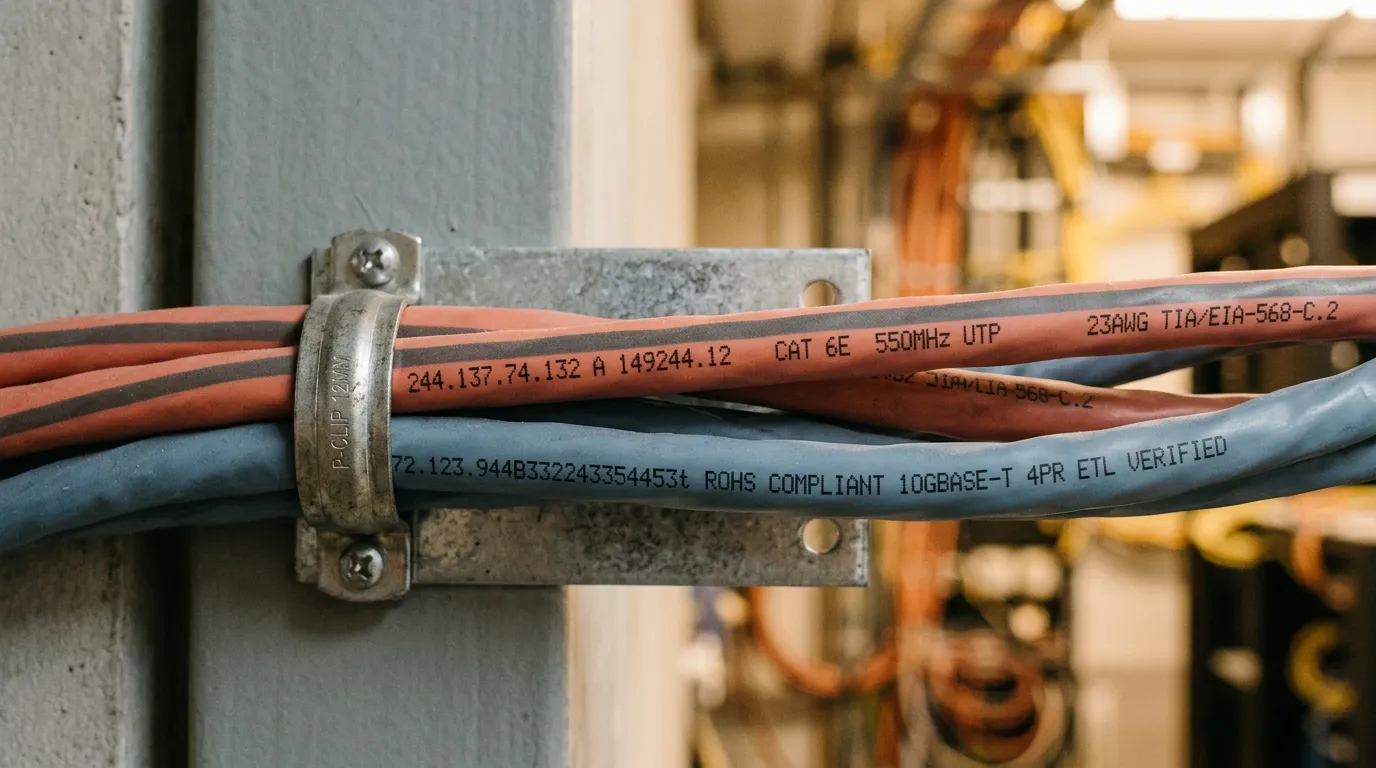 Deux c&acirc;bles Ethernet CAT6E fix&eacute;s &agrave; une prise murale.