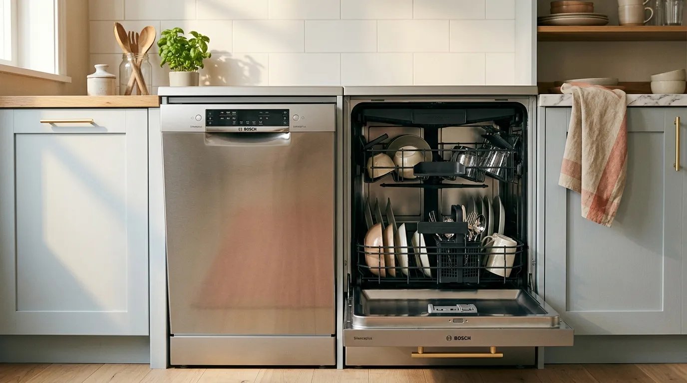Deux lave-vaisselle Bosch int&eacute;gr&eacute;s dans une cuisine contemporaine