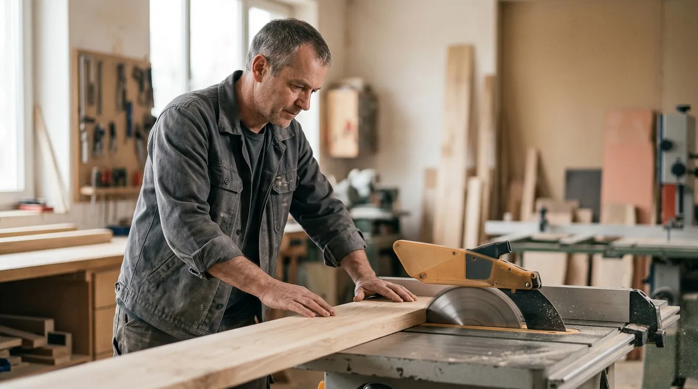 Artisan sciant une planche de bois en atelier