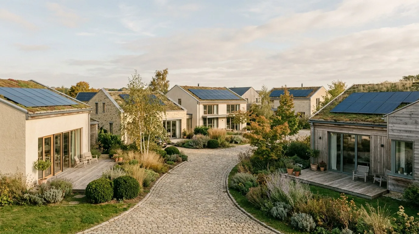 Ensemble de maisons contemporaines avec panneaux solaires et jardins paysagers