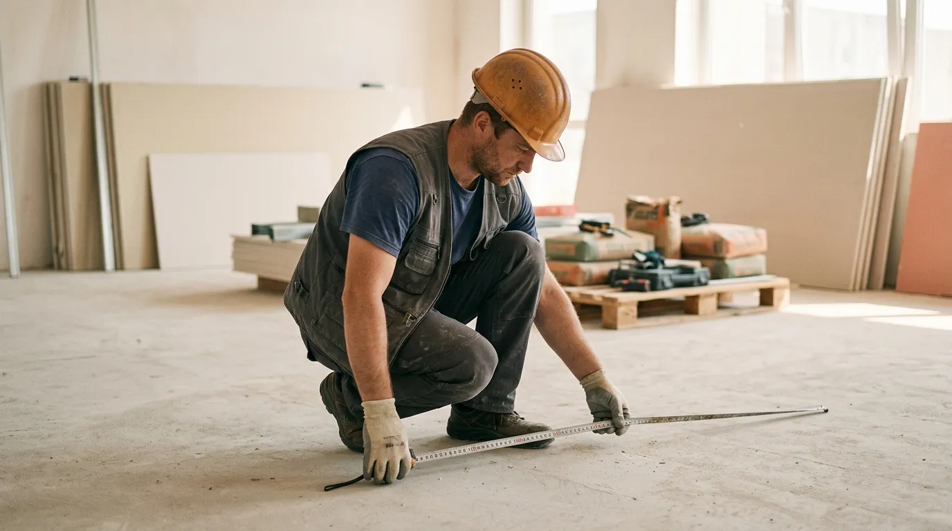 Constructeur avec casque mesure le sol béton