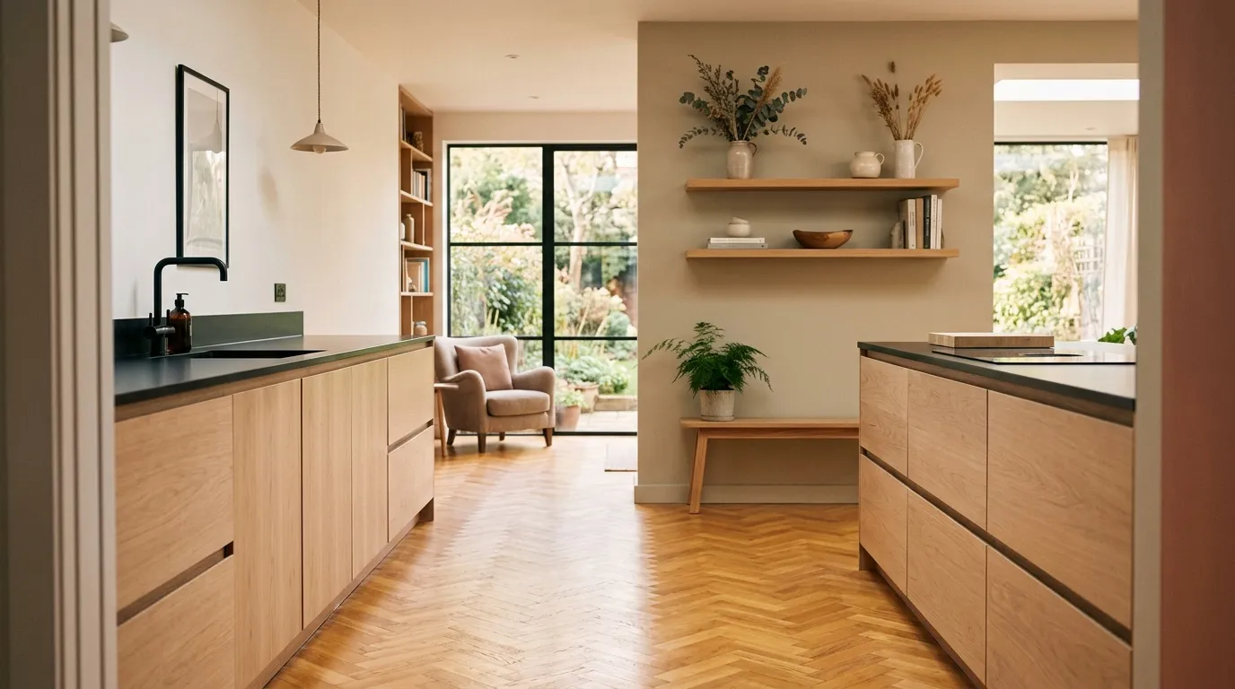 Cuisine contemporaine avec façades bois, comptoirs noirs et grandes baies vitrées