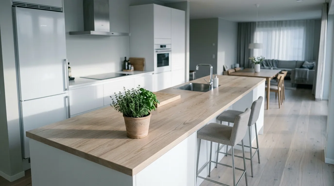 Cuisine contemporaine blanche avec îlot bois et salon ouvert