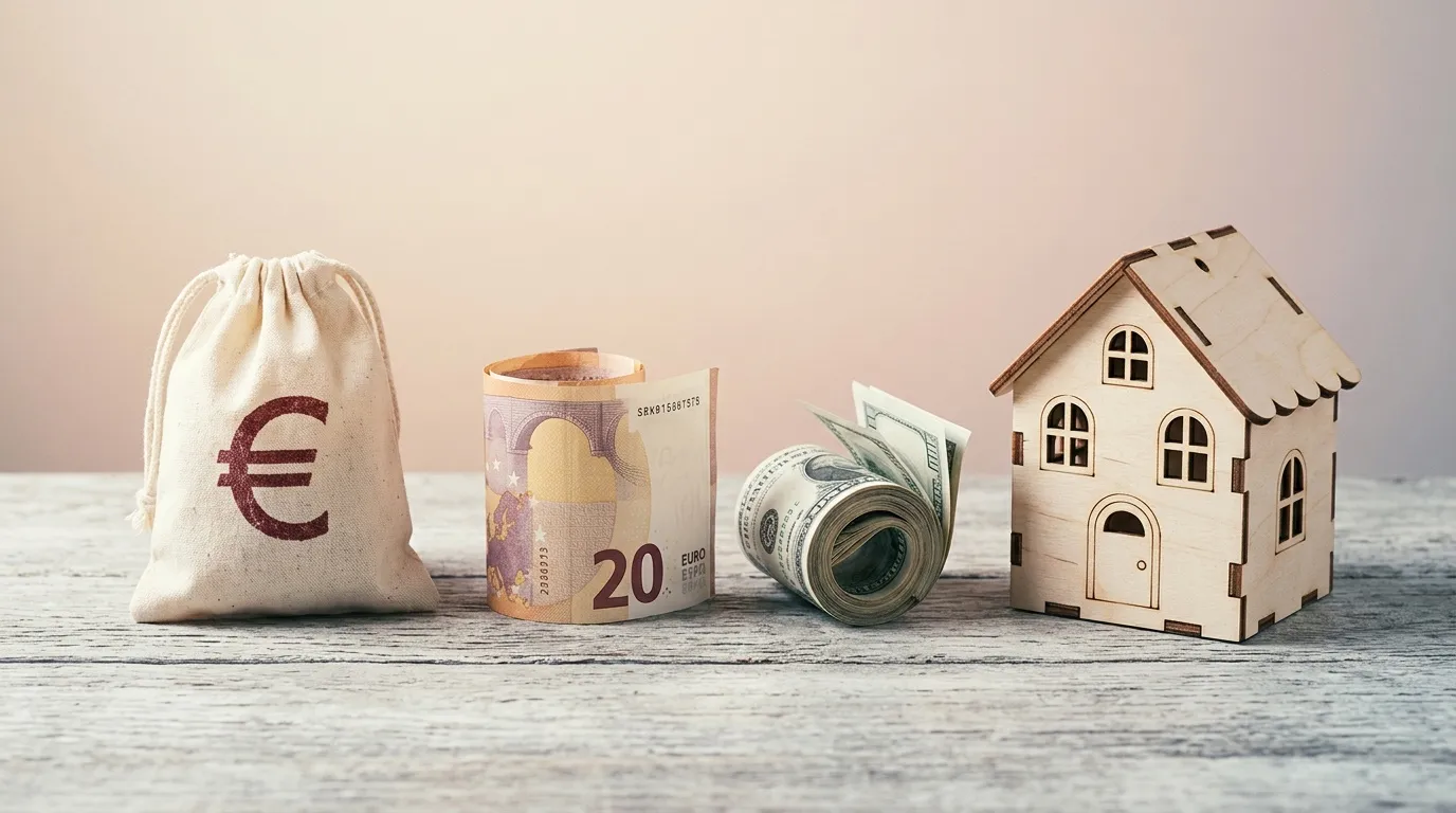 Sac euros, billet, argent roul&eacute;, maison miniature bois