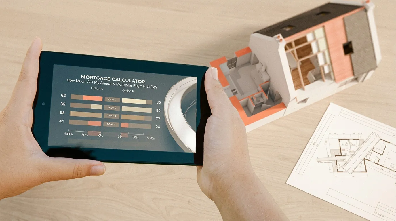Tablette affichant un calculateur hypoth&eacute;caire avec maquette maison 3D