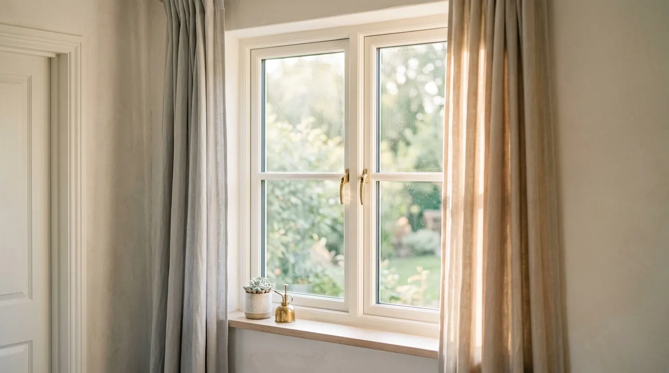 Fen&ecirc;tre blanche avec rideaux beige et plantes d&eacute;coratives.