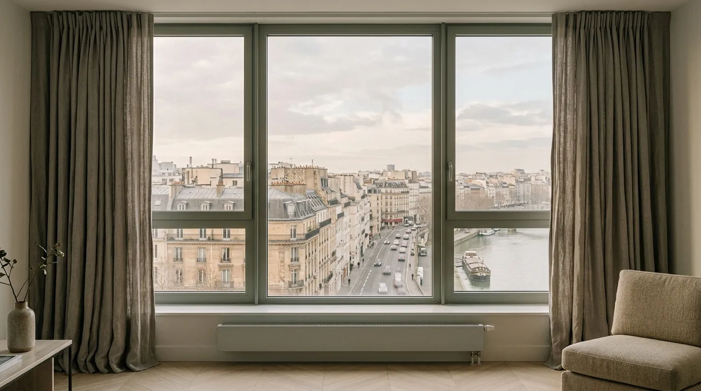 Fen&ecirc;tre triple donnant sur Paris, Seine et immeubles haussmanniens