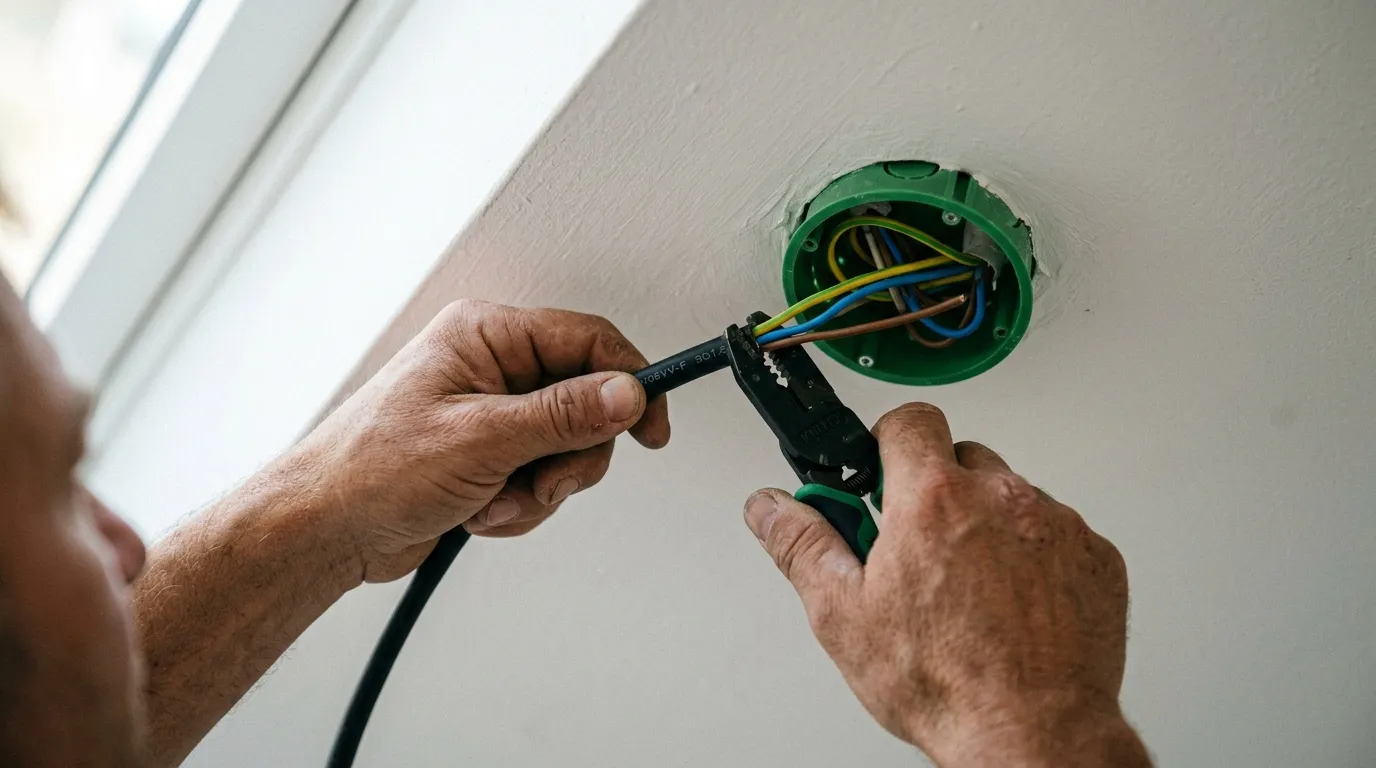 Technicien installant c&acirc;bles &eacute;lectriques dans bo&icirc;te encastr&eacute;e verte