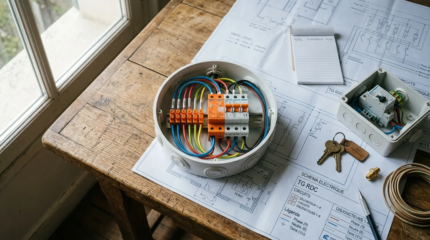 Bo&icirc;tier &eacute;lectrique avec disjoncteurs et c&acirc;bles color&eacute;s sur plans