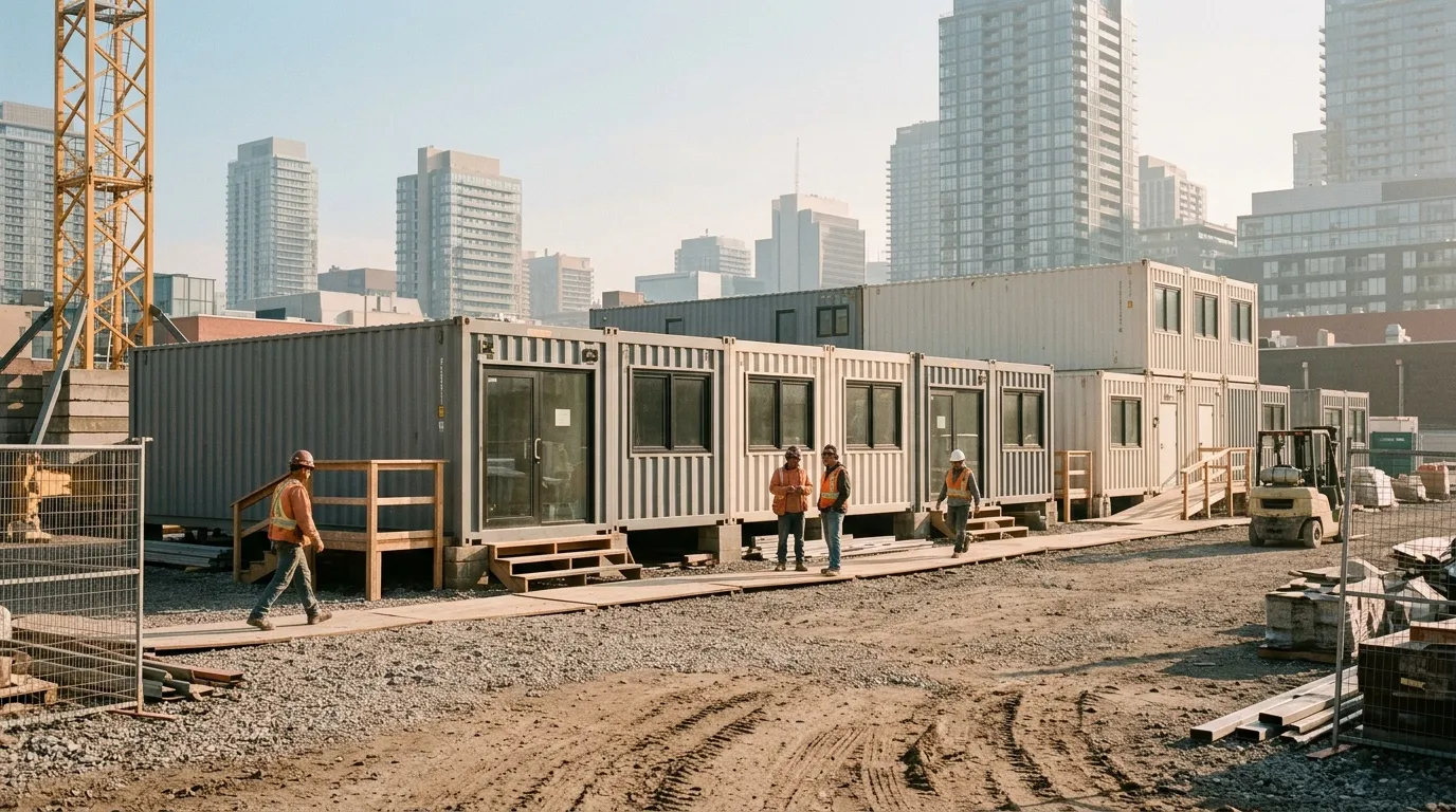 Ouvriers sur chantier avec conteneurs am&eacute;nag&eacute;s et gratte-ciels en arri&egrave;re-plan