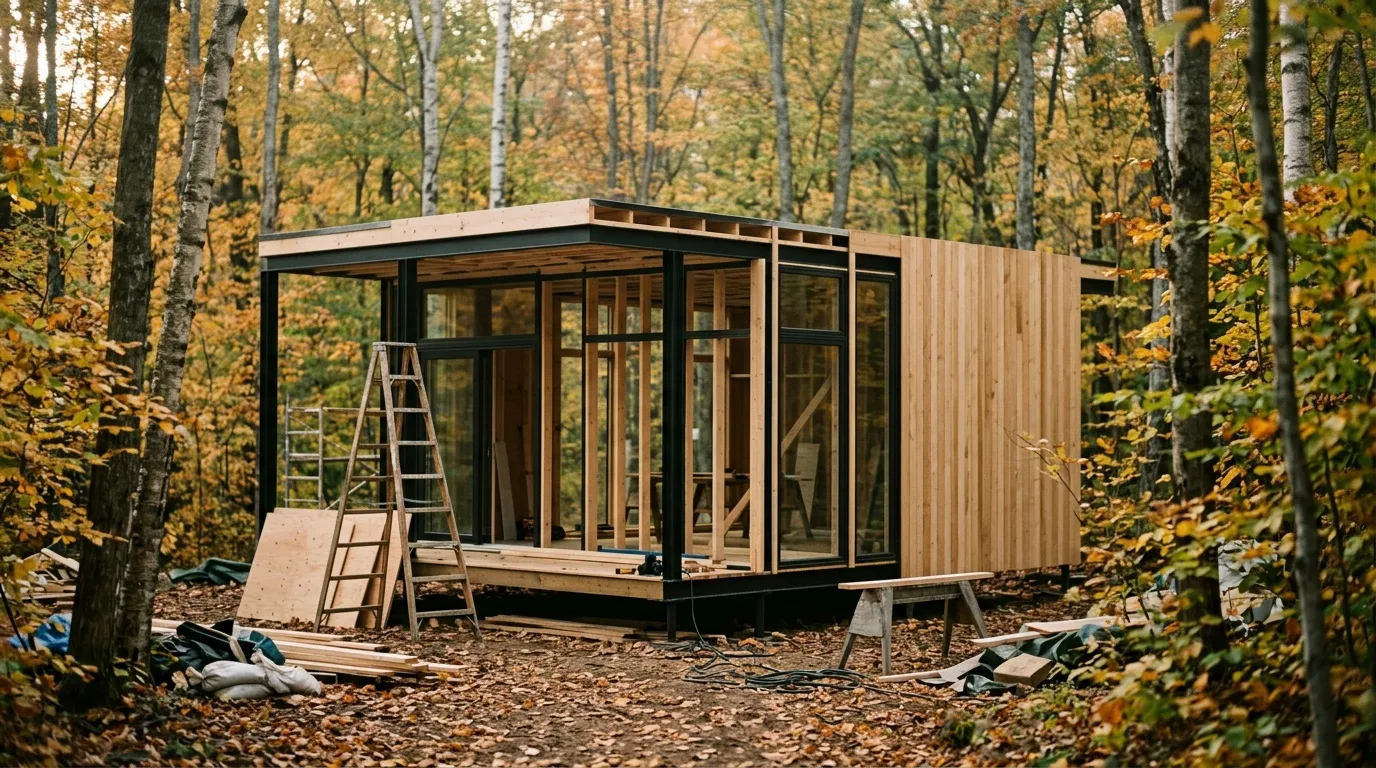 Petite maison contemporaine en bois entour&eacute;e d'arbres automnaux