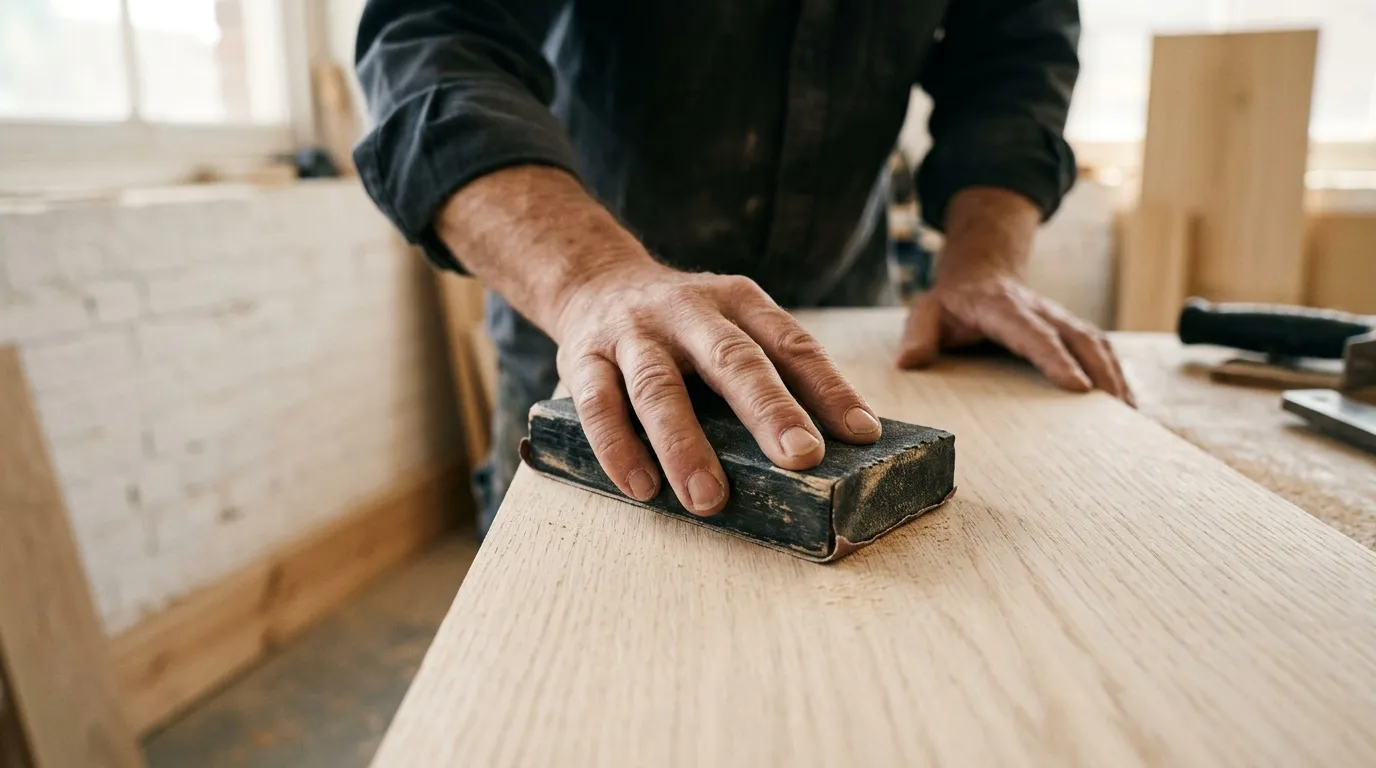 Mains d'artisan pon&ccedil;ant une planche de bois brut