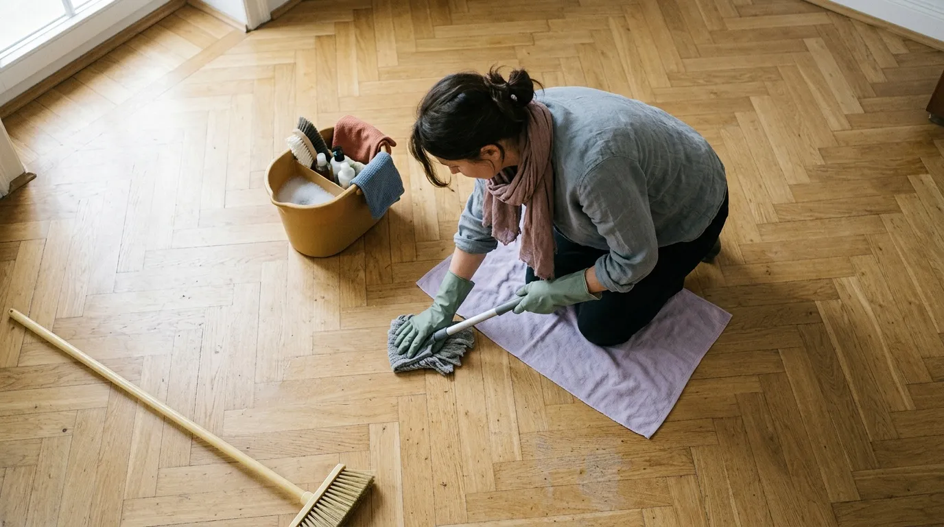 Femme avec gants verts lavant un parquet en bois
