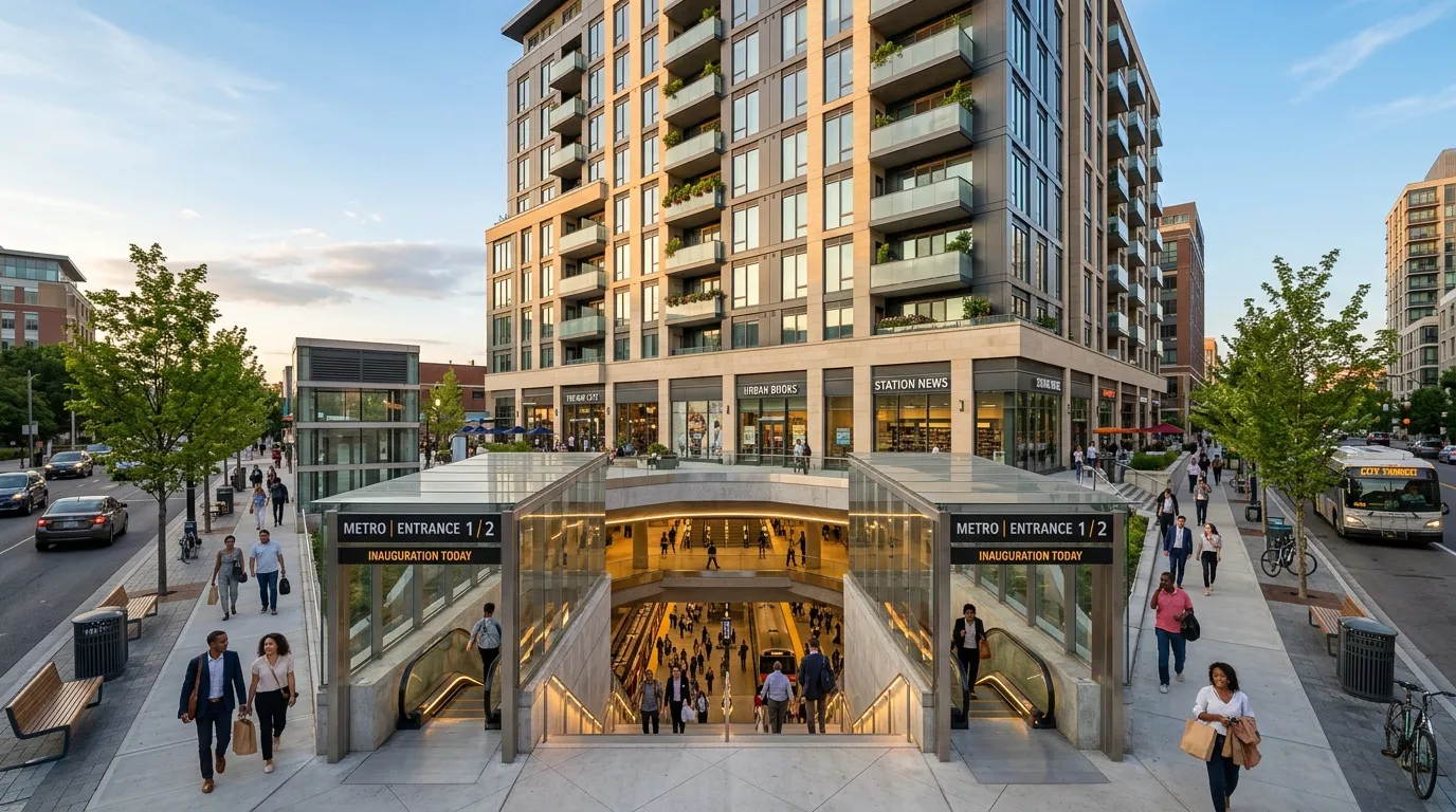 Entr&eacute;e de m&eacute;tro contemporaine avec immeuble r&eacute;sidentiel et commerces