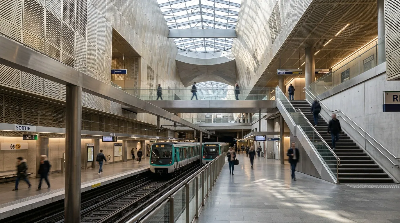 Station de métro avec train, escaliers et voyageurs