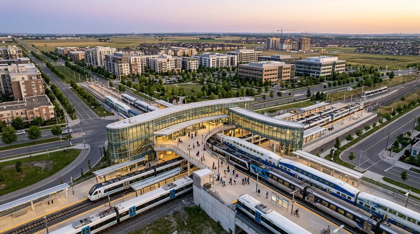 Vue a&eacute;rienne gare contemporaine, trains bleus, b&acirc;timents urbains