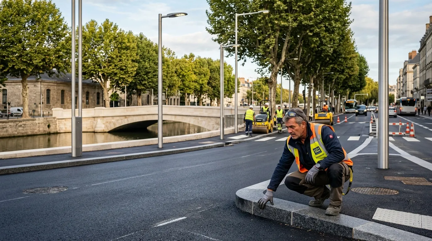 Ouvrier inspectant une route près d'un pont urbain