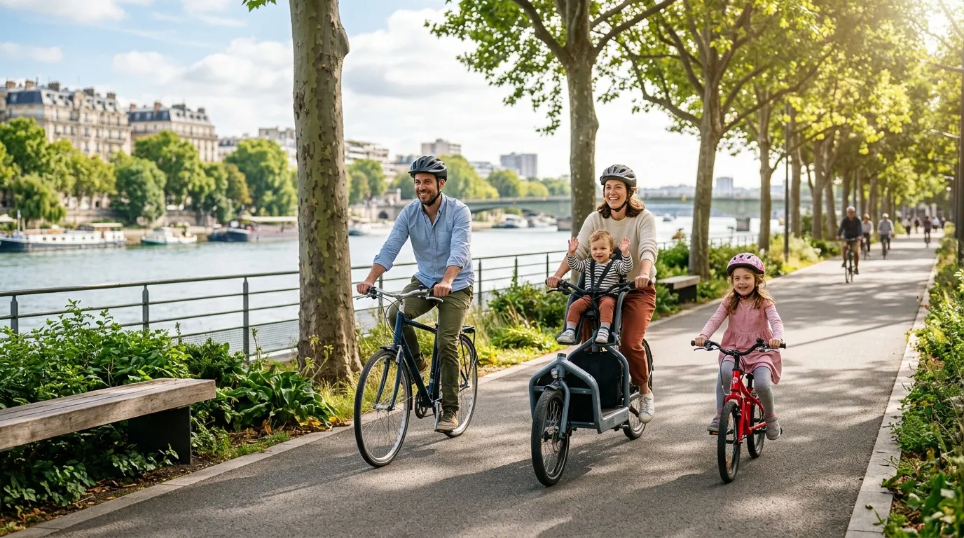 Famille faisant du vélo sur une promenade arborée en bord de fleuve