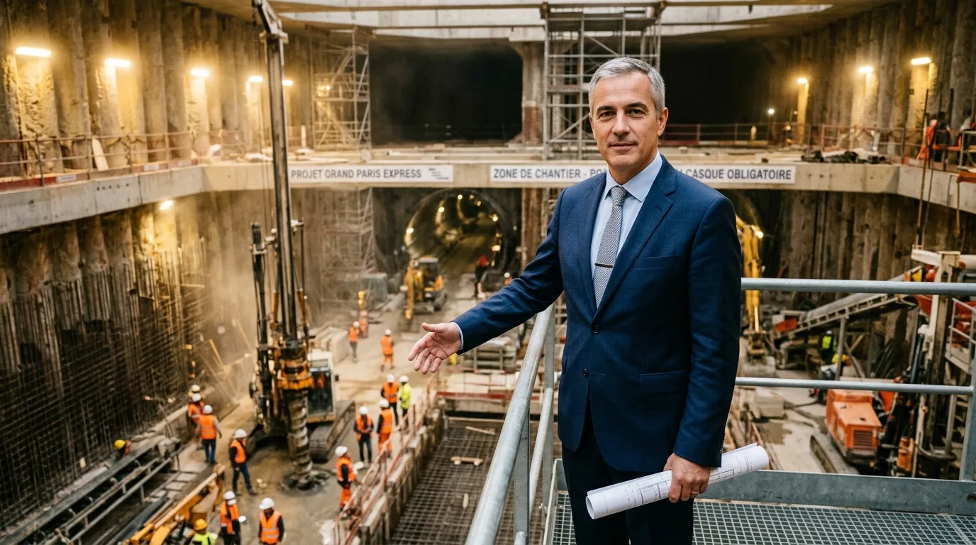 Directeur inspectant un chantier de tunnel souterrain illumin&eacute;