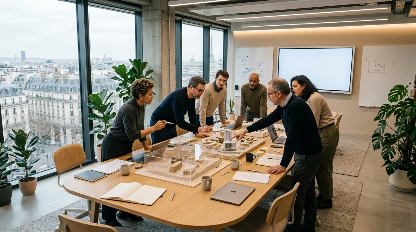 &Eacute;quipe discutant autour de maquettes architecturales en hauteur